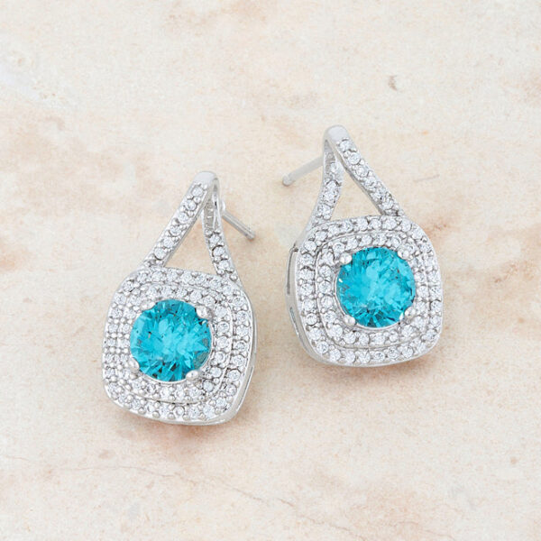 Single earring resting flat, showing the rhodium plated metal and stone arrangement from above