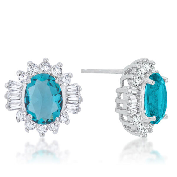 Close-up of one aqua CZ stud earring showing prong settings and post back