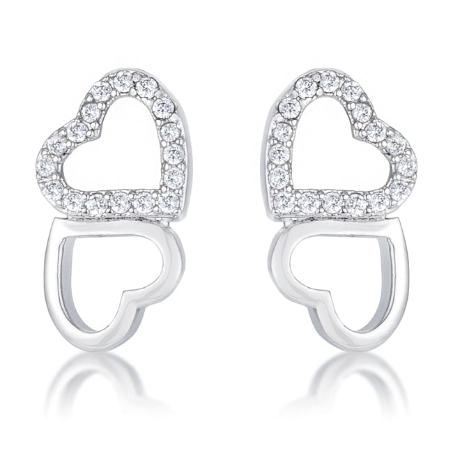 Pair of melded heart stud earrings with rhodium plating and round cubic zirconia stones