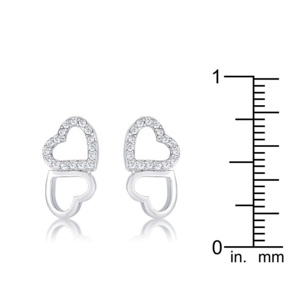 Close-up of one melded heart stud earring showing the cubic zirconia stones set in rhodium plating