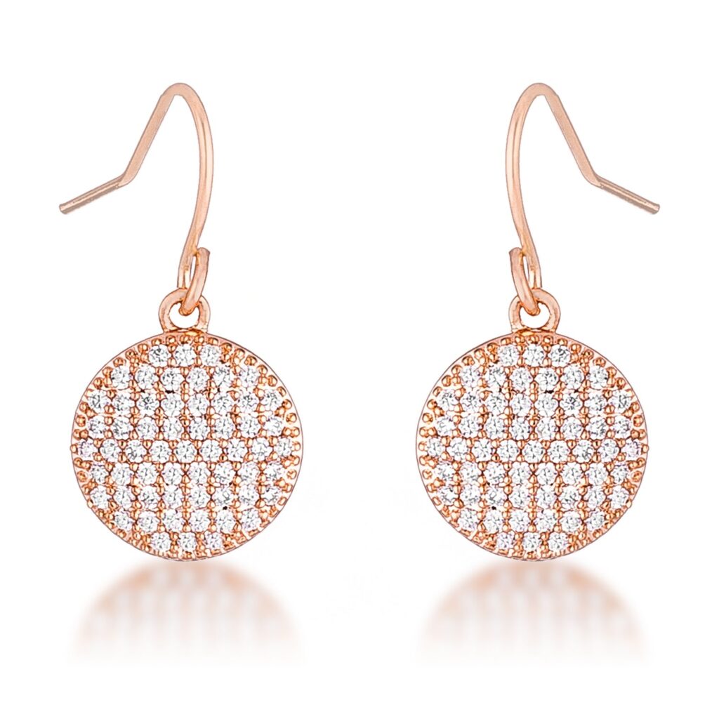 Rose goldtone plated disk earrings set with round cubic zirconia stones, shown on fish hook backs