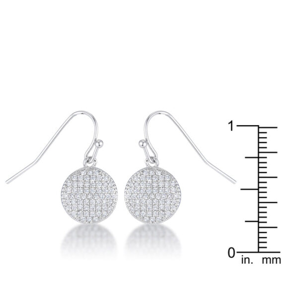 Close-up of a single disk earring showing the rhodium plated surface and stone setting