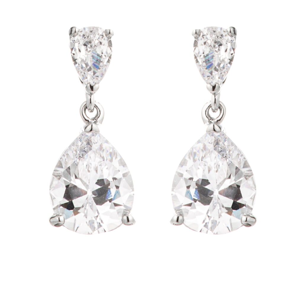 Pair of rhodium plated earrings with two pear-cut cubic zirconia stones each, arranged in a double drop