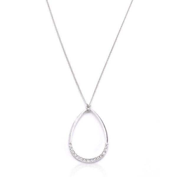 Teardrop-shaped pendant with a lower arc of pavé crystal stones on a chain