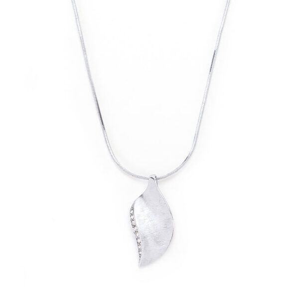 Leaf-shaped pendant with a row of small stones along one edge, on a snake chain