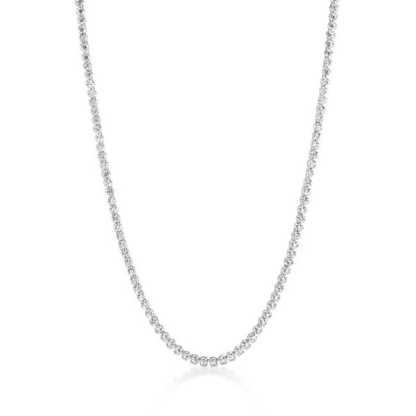 Long tennis-style necklace with a continuous row of small round stones in a white-toned metal