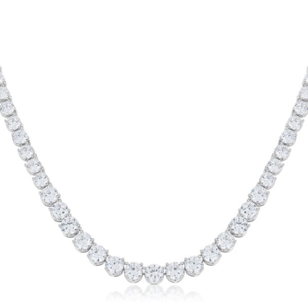 Necklace laid out flat showing round cubic zirconia stones graduated in size along the full chain