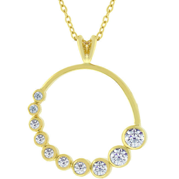 Full length view of the goldtone pendant and chain laid out flat
