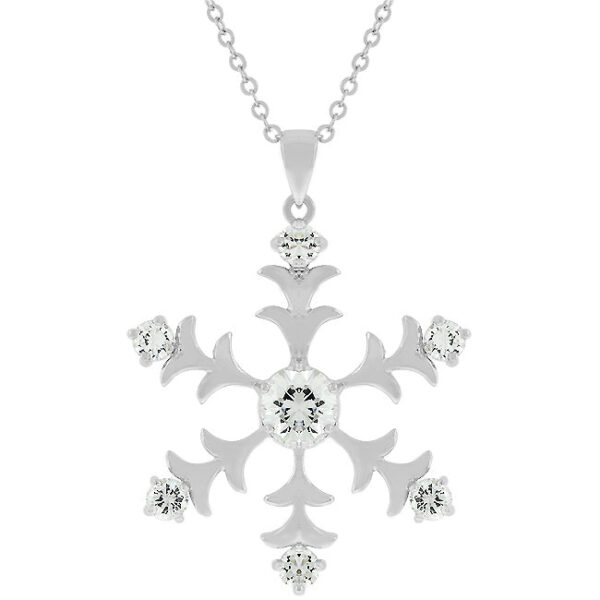 Snowflake pendant with round cubic zirconia stones set in a rhodium plated brass frame