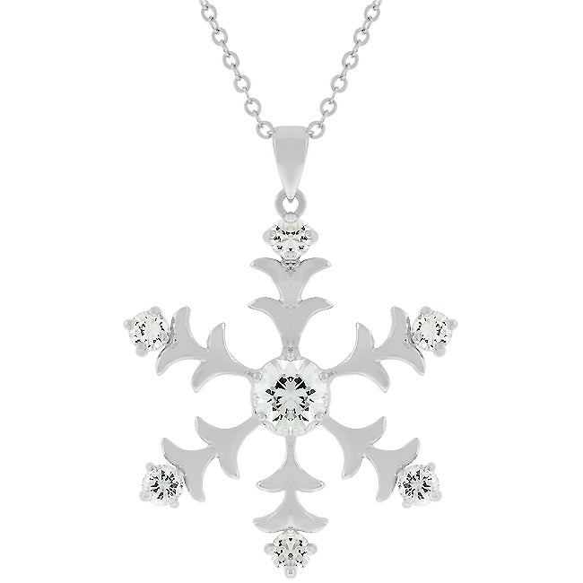 Snowflake pendant with round cubic zirconia stones set in a rhodium plated brass frame