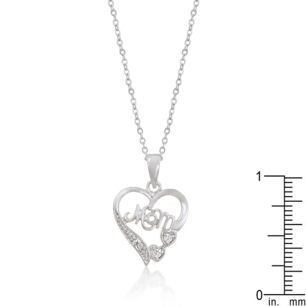 Close-up of the heart pendant showing the rhodium plated finish and lobster clasp