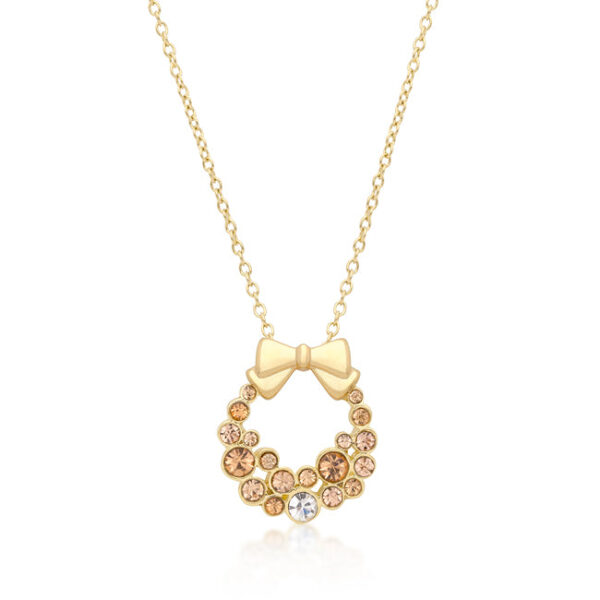 Holiday wreath pendant with round champagne crystals in a goldtone bezel setting