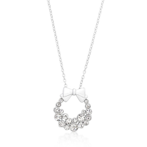 Wreath-shaped pendant with round clear crystals in bezel settings, on a chain with lobster clasp