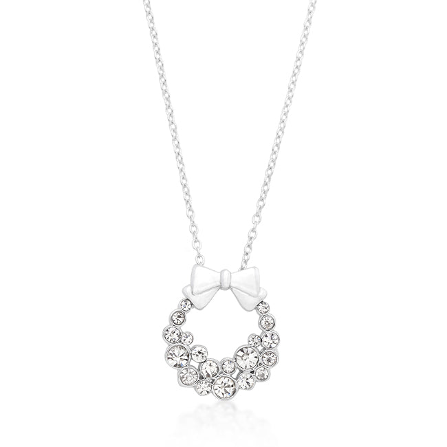 Wreath-shaped pendant with round clear crystals in bezel settings, on a chain with lobster clasp