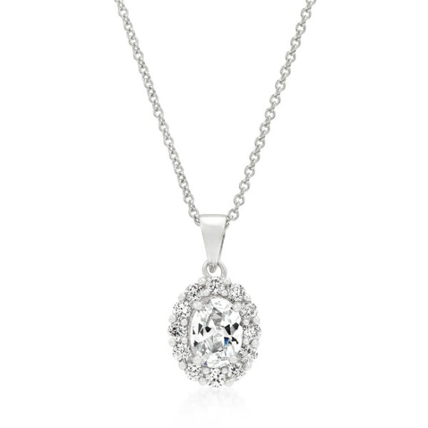 Rhodium plated pendant with a clear prong-set cubic zirconia stone, shown on its chain