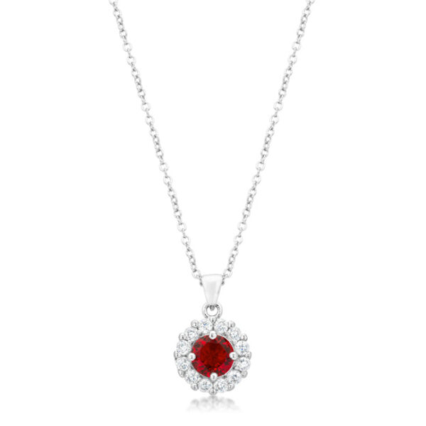 Pendant with a round cubic zirconia stone in a red tone, set in prongs, on a chain with lobster clasp
