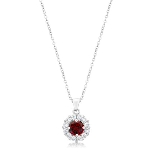 Pendant with round red cubic zirconia in prong settings on a chain with lobster clasp