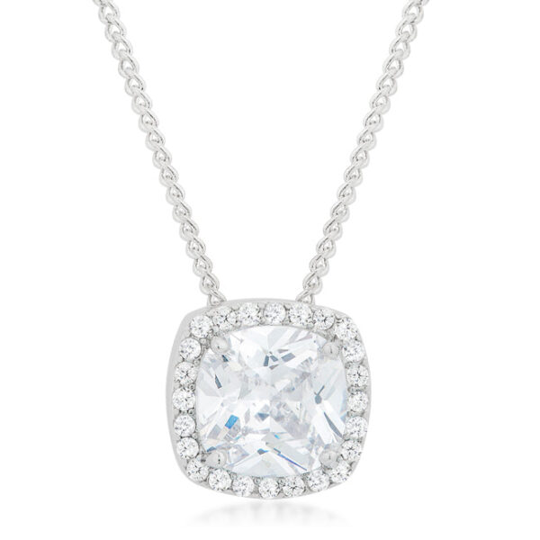 The pendant with clear cubic zirconia stones in a prong setting, on a lobster clasp chain