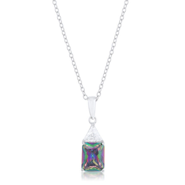 Rhodium plated drop necklace with trillion cut cubic zirconia stones on a link chain