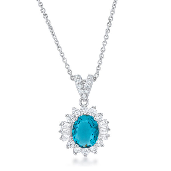 Aqua cubic zirconia drop pendant on a rhodium plated chain, shown as the main product view