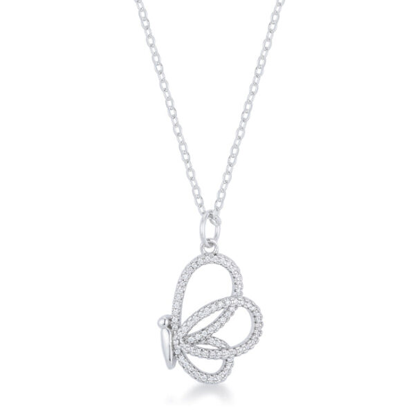 Butterfly pendant necklace with cubic zirconia stones set in rhodium-plated metal, front view