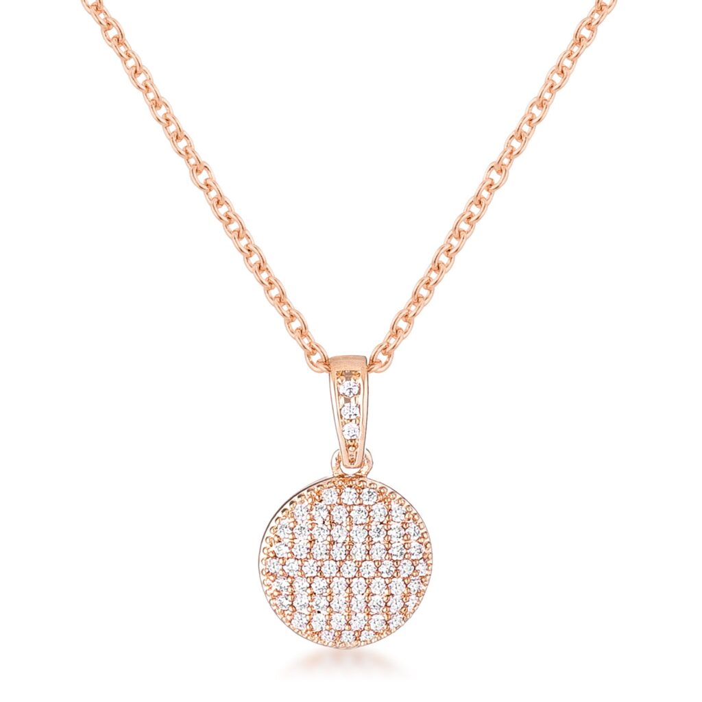 Rose goldtone necklace with a round disk pendant set with a clear cubic zirconia stone