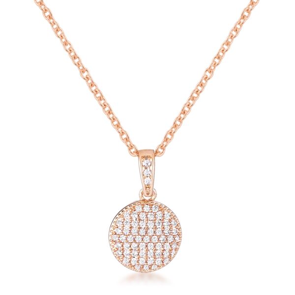 Rose goldtone necklace with a round disk pendant set with a clear cubic zirconia stone