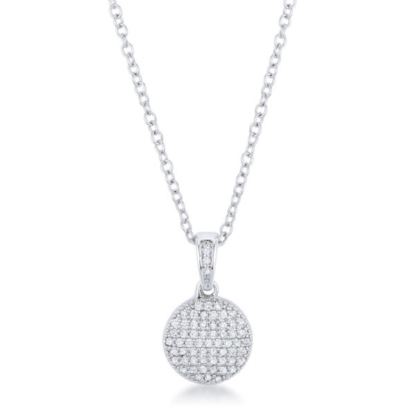Rhodium chain necklace with round pavé-set cubic zirconia disk pendant, front view