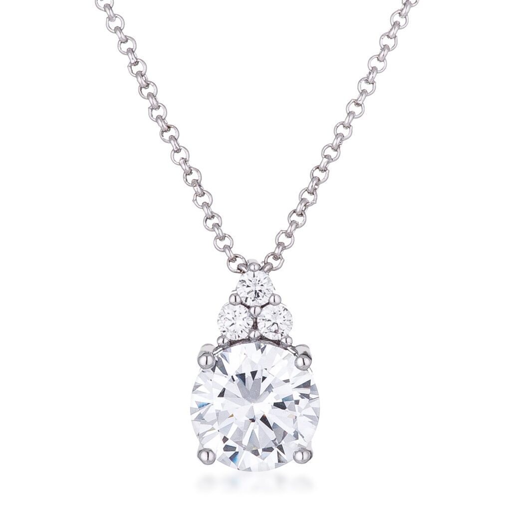 Rhodium plated pendant with a round clear CZ center stone surrounded by smaller graduated stones