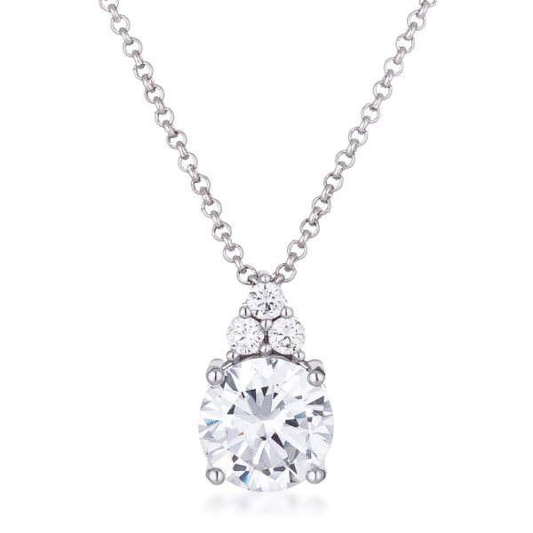Rhodium plated pendant with a round clear CZ center stone surrounded by smaller graduated stones