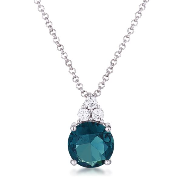 Rhodium plated pendant with round blue green cubic zirconia stones set in a silvertone finish
