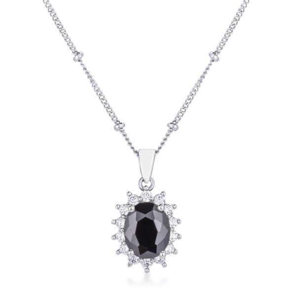 Rhodium plated pendant with black oval center on a silvertone finish
