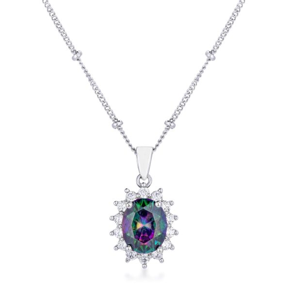 Rhodium plated oval pendant with multi-color stones set against a plain background