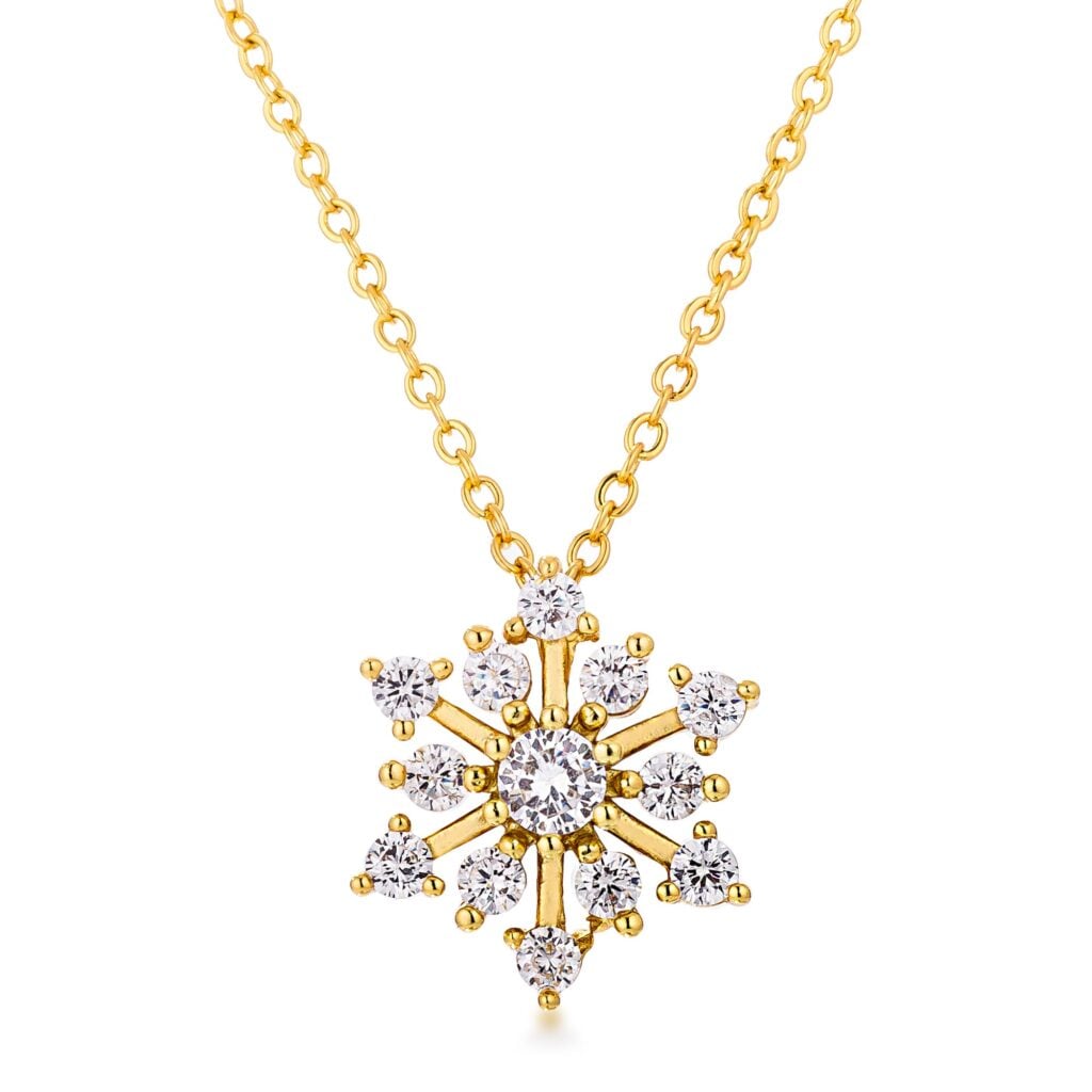 Gold plated snowflake pendant necklace set with clear cubic zirconia stones