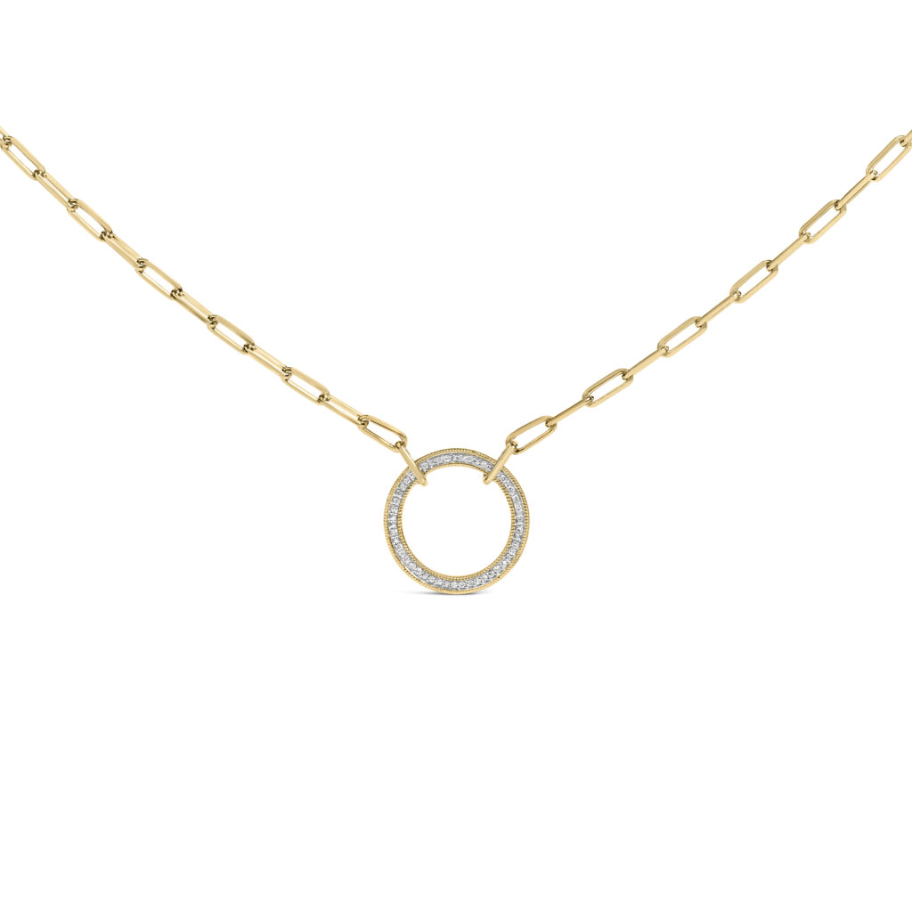 Gold Vermeil 1/10 Cttw Diamond Paperclip Chain Circle Pendant Necklace - Sterling Silver