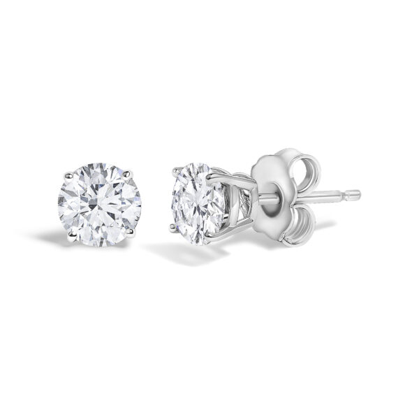 Round lab-grown diamond stud earrings in rhodium plated over gold with 4-Prong settings.