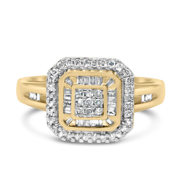 Square cluster cocktail ring in 10K Yellow Gold with natural round prong-set and baguette channel-set diamonds.
