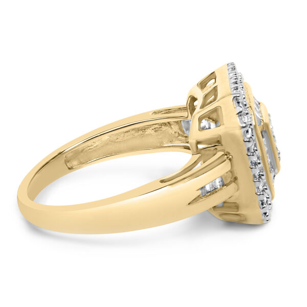 10K Yellow Gold square cluster ring with 30 natural round and baguette diamonds in prong and channel settings.