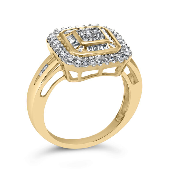 Natural round prong-set and baguette channel-set diamonds on a ring.