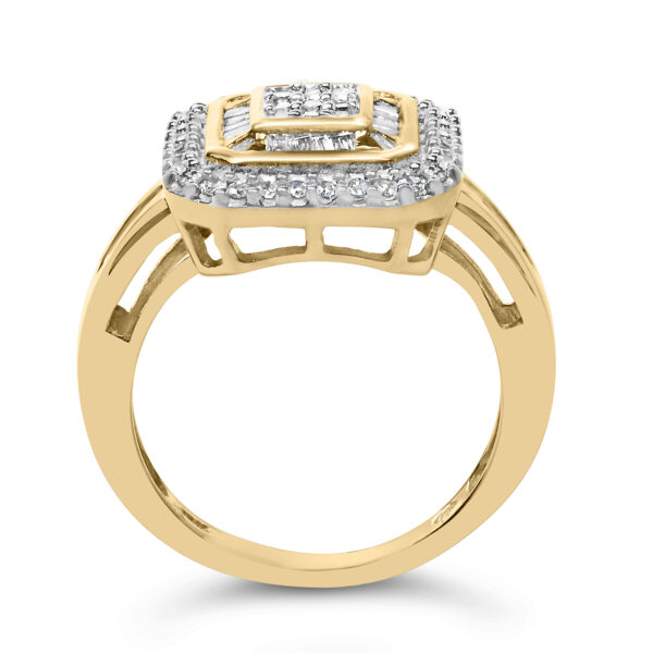 10K Yellow Gold square cluster design with natural round and baguette diamonds.