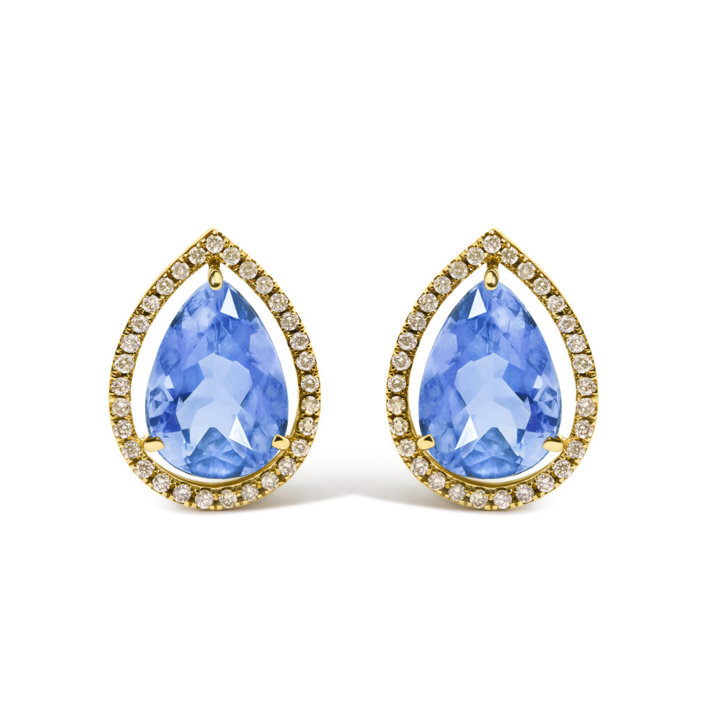 Pair of yellow gold stud earrings with pear-shaped blue fluorite stones ringed by round diamonds
