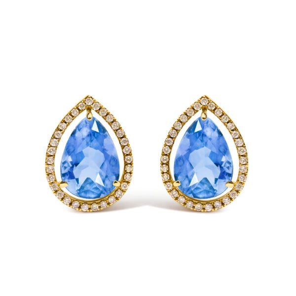 Pair of yellow gold stud earrings with pear-shaped blue fluorite stones ringed by round diamonds
