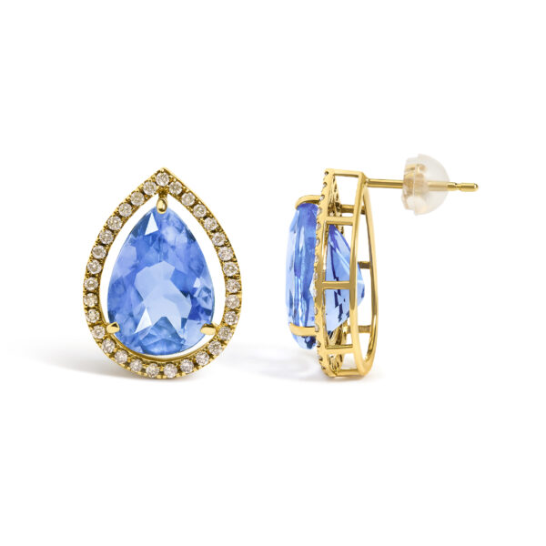Close-up of round diamonds set around the blue fluorite in the earring halo