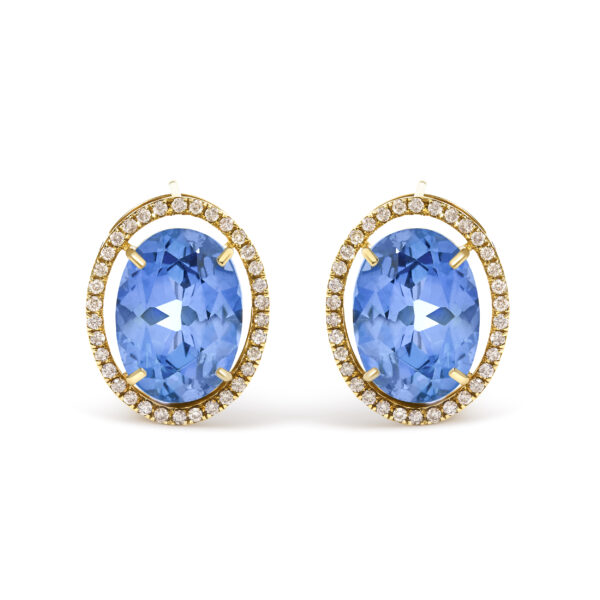 Pair of oval blue fluorite stud earrings in yellow gold with a round diamond halo, front view