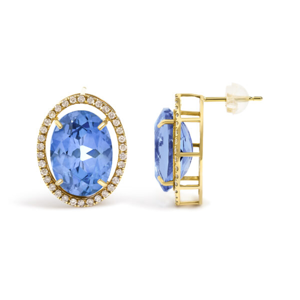 Close-up of the diamond halo encircling the oval blue fluorite stone