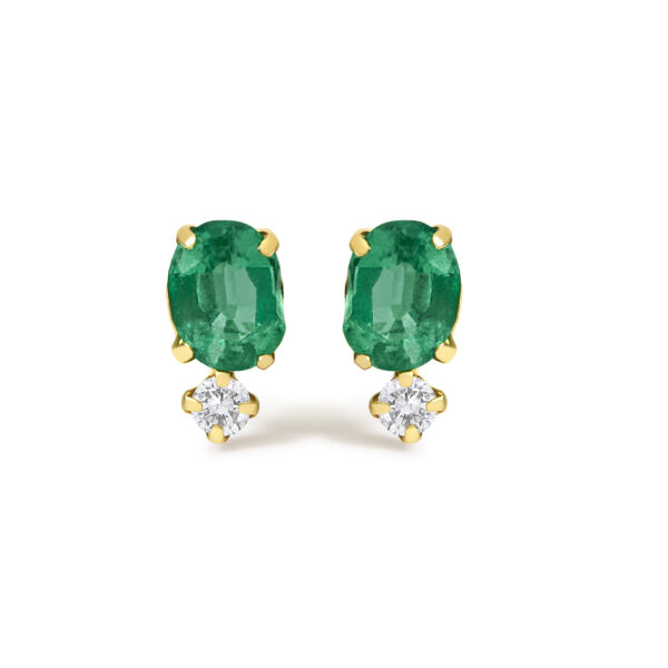 Pair of 18K yellow gold stud earrings with oval green emeralds above small round diamonds