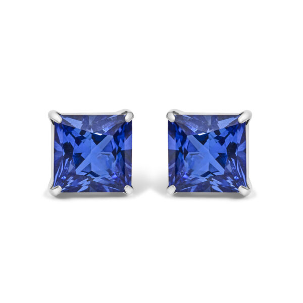 Pair of princess-cut blue sapphire stud earrings in white platinum 4-prong settings