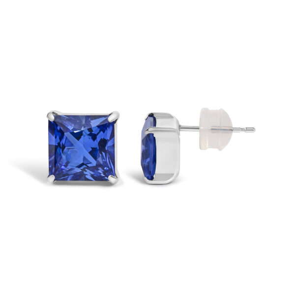 Side angle of a platinum sapphire stud earring showing the post and setting profile