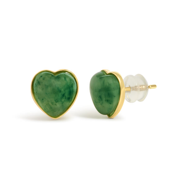 18K Yellow Gold 9x8 MM Bezel Set Green Jade Heart Stud Earrings - alternate view 2