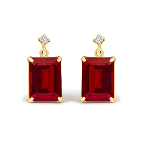 Pair of yellow gold dangle earrings with rectangular red garnet stones and small diamond accents